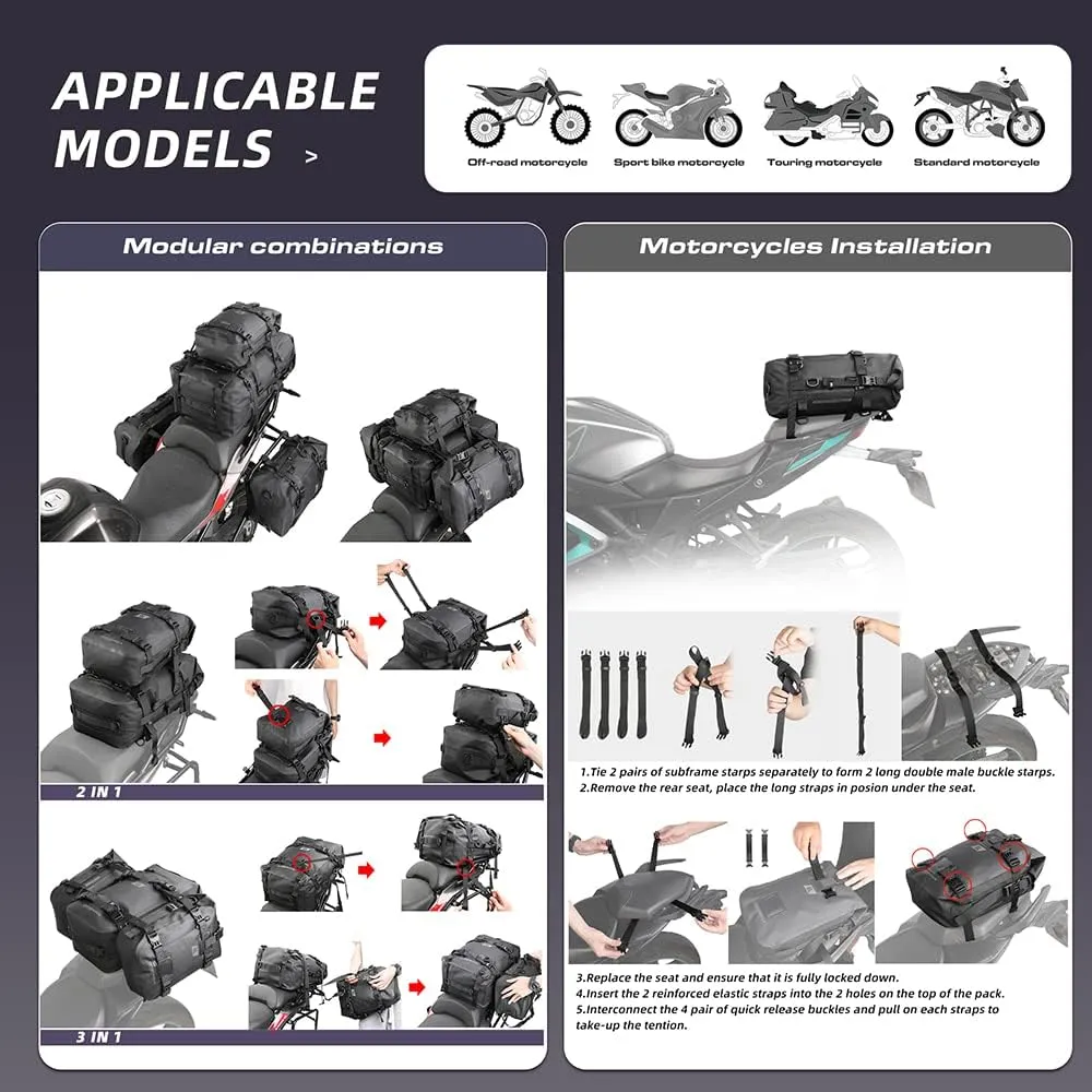 Rhinowalk Motorcycle Tail Bag Motorbike Side Bag 15L Full Waterproof Motor Saddle Pannier Bag Rear Rack Trunk Professional Motor Accessories-Black