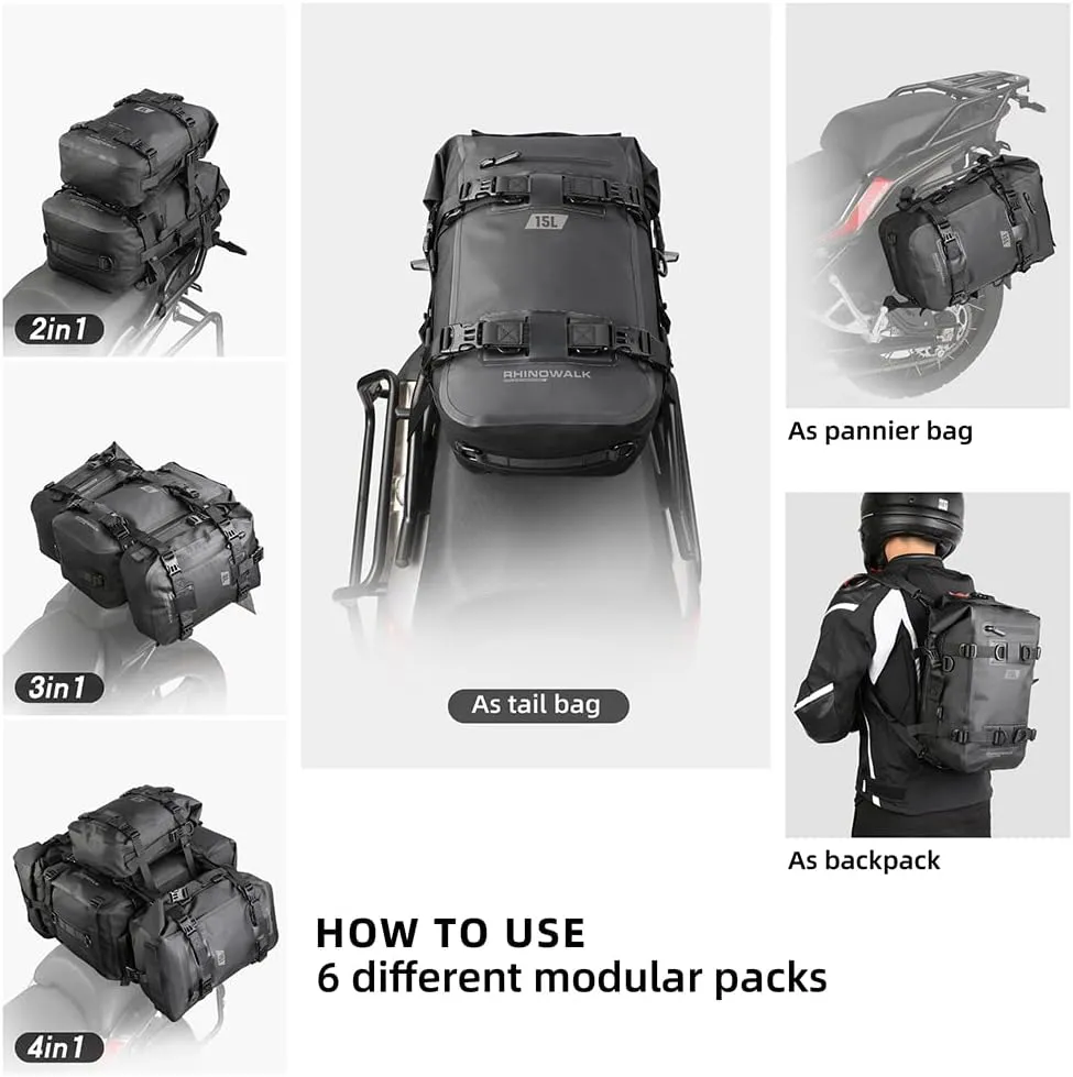 Rhinowalk Motorcycle Tail Bag Motorbike Side Bag 15L Full Waterproof Motor Saddle Pannier Bag Rear Rack Trunk Professional Motor Accessories-Black