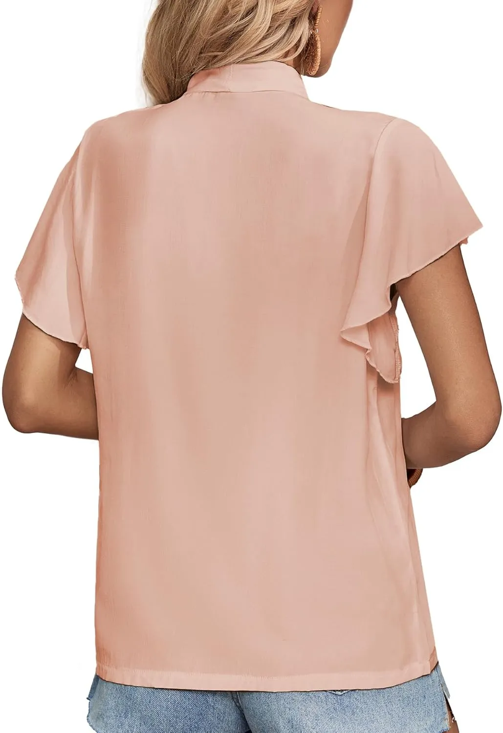 Rooscier Women's Bow Tie Neck Ruffle Short Sleeve Vintage Retro Work Blouse Top