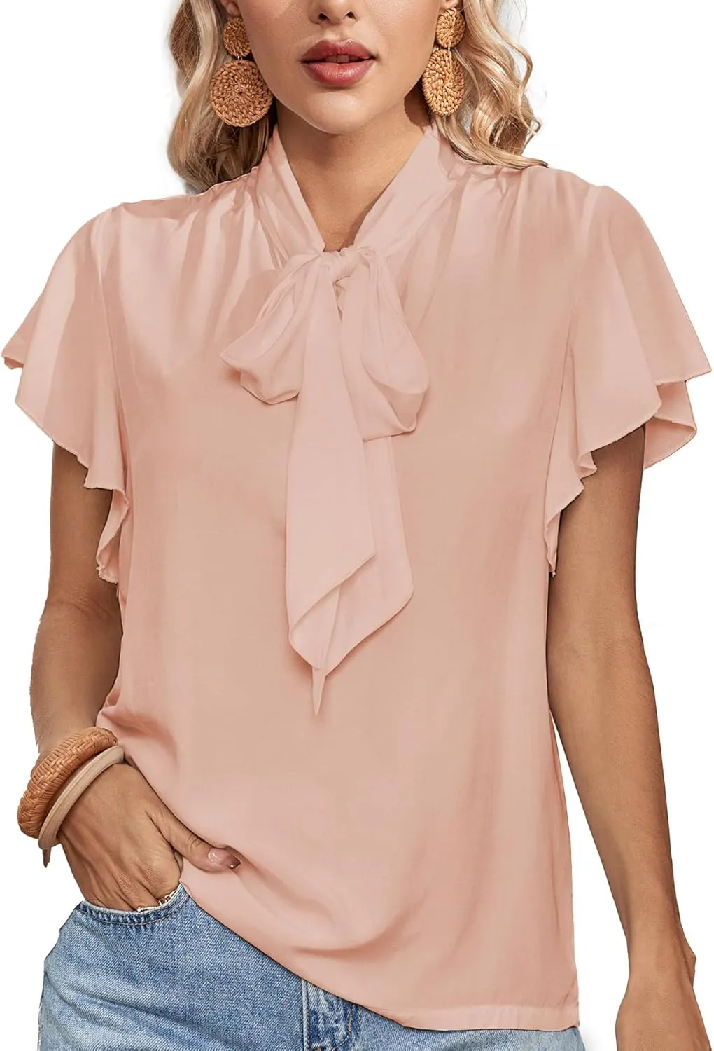Rooscier Women's Bow Tie Neck Ruffle Short Sleeve Vintage Retro Work Blouse Top
