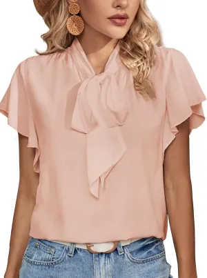 Rooscier Women's Bow Tie Neck Ruffle Short Sleeve Vintage Retro Work Blouse Top