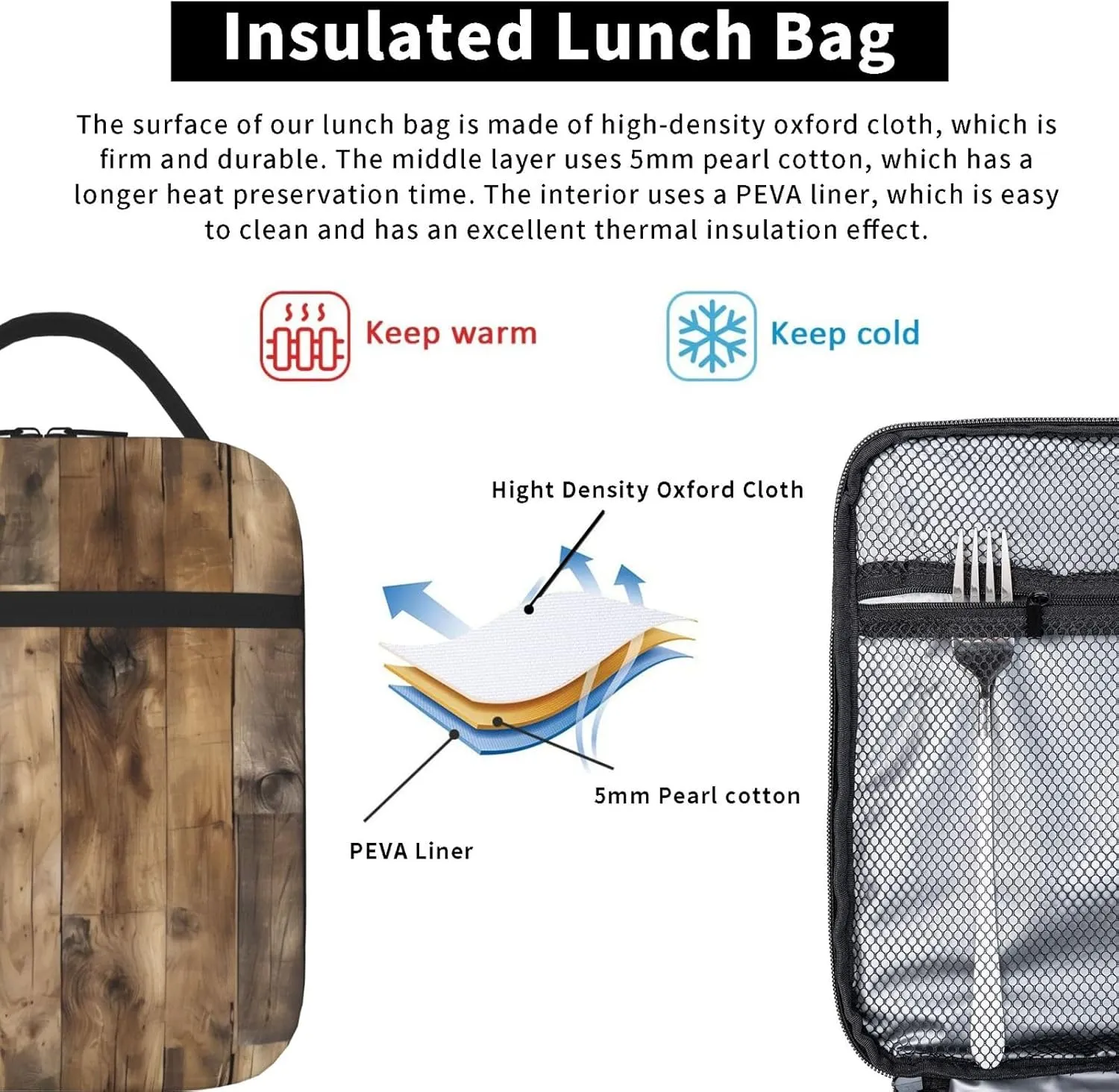 Rustic Wood Plank Lunch Bag For Men Women Insulated Lunchbox Ideal For Work Gym Picnic Days