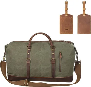 S-ZONE Leather Canvas Duffel Bag and Leather Luggage Tag Bundle
