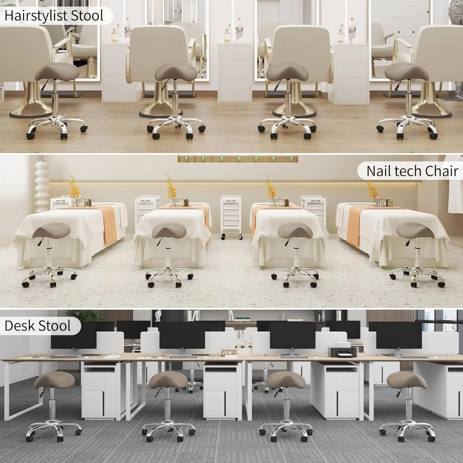 Saddle Stool, Swivel Saddle Stool with Wheels, Adjustable Rolling Stool 18"-26", Faux Leather Rolling Stool for Salon, Massage, Clinic, Lab, Office (Light Grey, 1PCS (18"-26"))