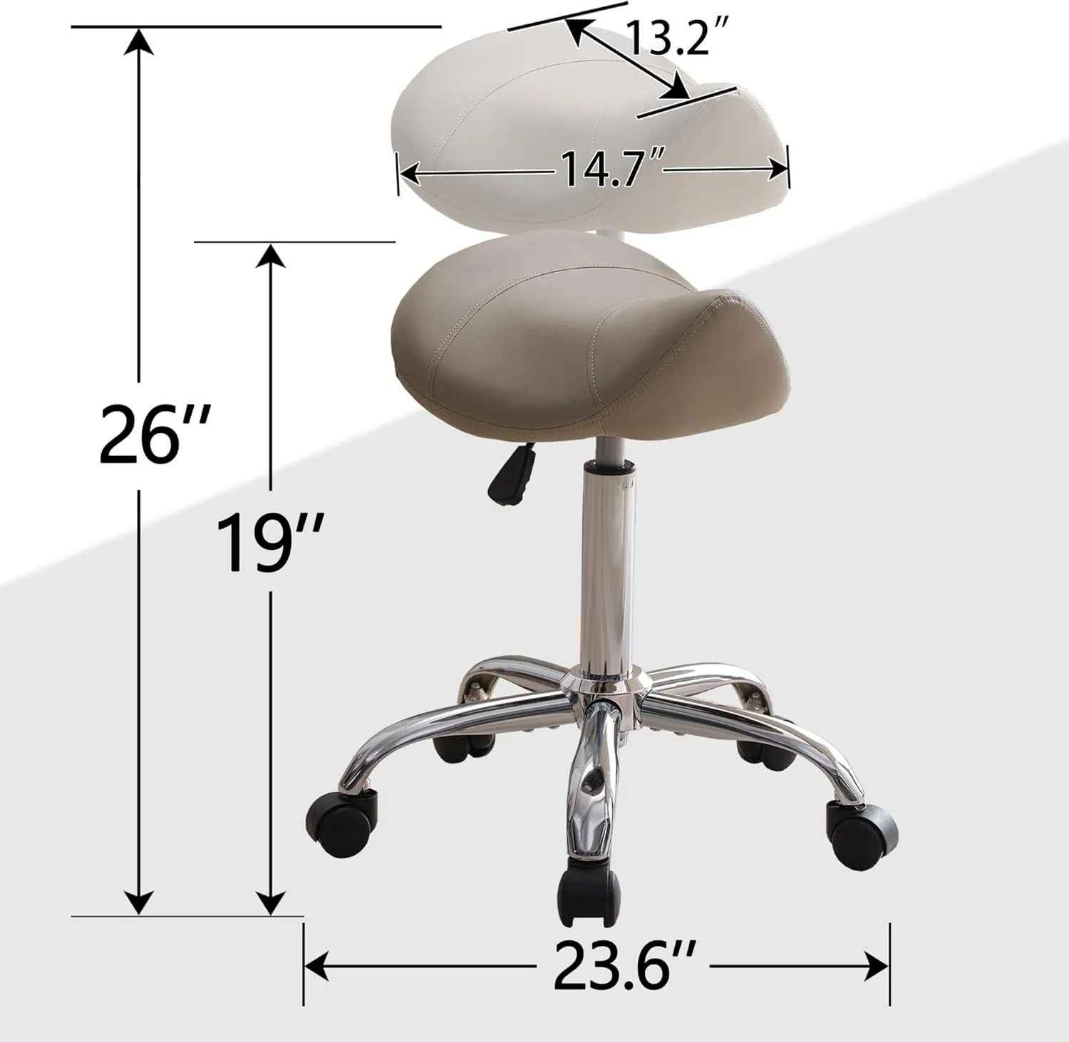Saddle Stool, Swivel Saddle Stool with Wheels, Adjustable Rolling Stool 18"-26", Faux Leather Rolling Stool for Salon, Massage, Clinic, Lab, Office (Light Grey, 1PCS (18"-26"))