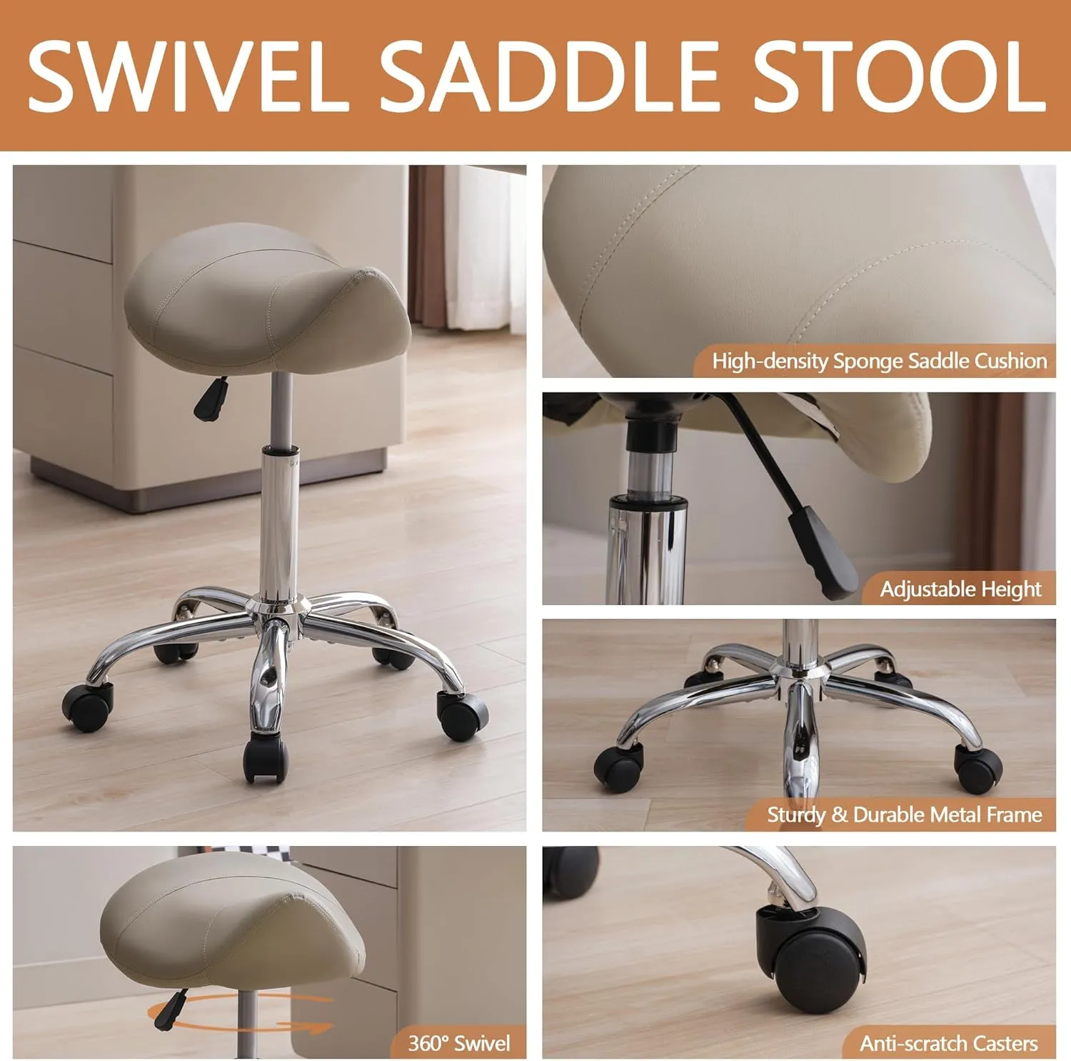 Saddle Stool, Swivel Saddle Stool with Wheels, Adjustable Rolling Stool 18"-26", Faux Leather Rolling Stool for Salon, Massage, Clinic, Lab, Office (Light Grey, 1PCS (18"-26"))