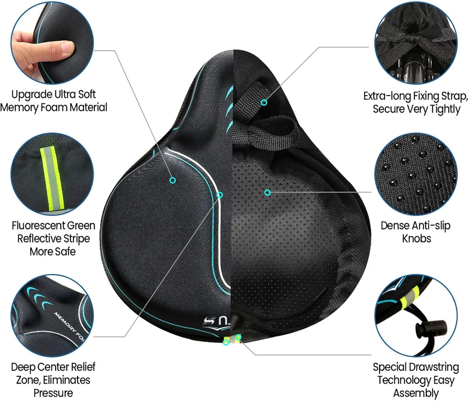 Sanctus Bike Seat Cushion Cover Memory Foam, Large Wide Bicycle Saddle Soft for Men Women, Comfort Exercise Cycle Seats Cover Padded Fits Stationary Bikes, Cruiser, Spin, with Waterproof Cover Blue