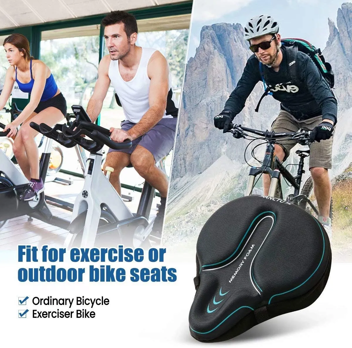 Sanctus Bike Seat Cushion Cover Memory Foam, Large Wide Bicycle Saddle Soft for Men Women, Comfort Exercise Cycle Seats Cover Padded Fits Stationary Bikes, Cruiser, Spin, with Waterproof Cover Blue
