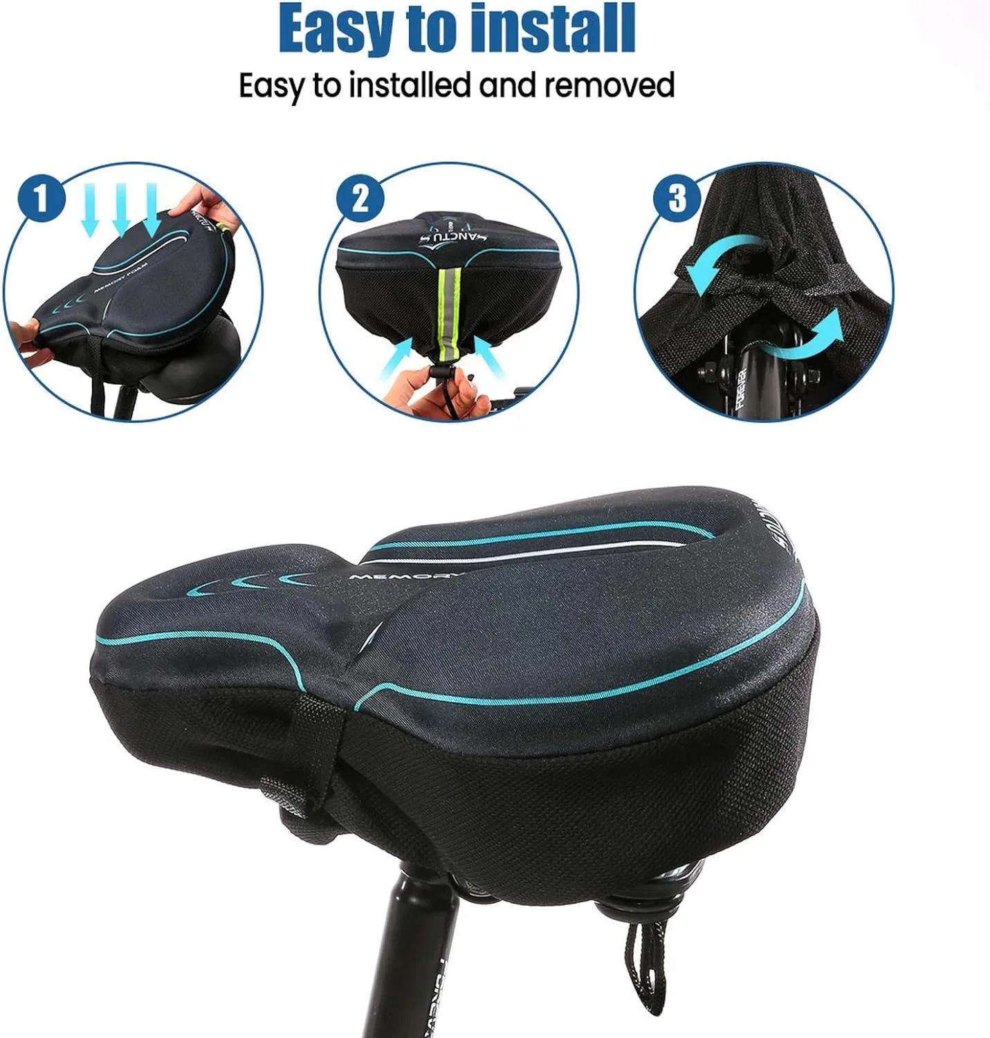 Sanctus Bike Seat Cushion Cover Memory Foam, Large Wide Bicycle Saddle Soft for Men Women, Comfort Exercise Cycle Seats Cover Padded Fits Stationary Bikes, Cruiser, Spin, with Waterproof Cover Blue