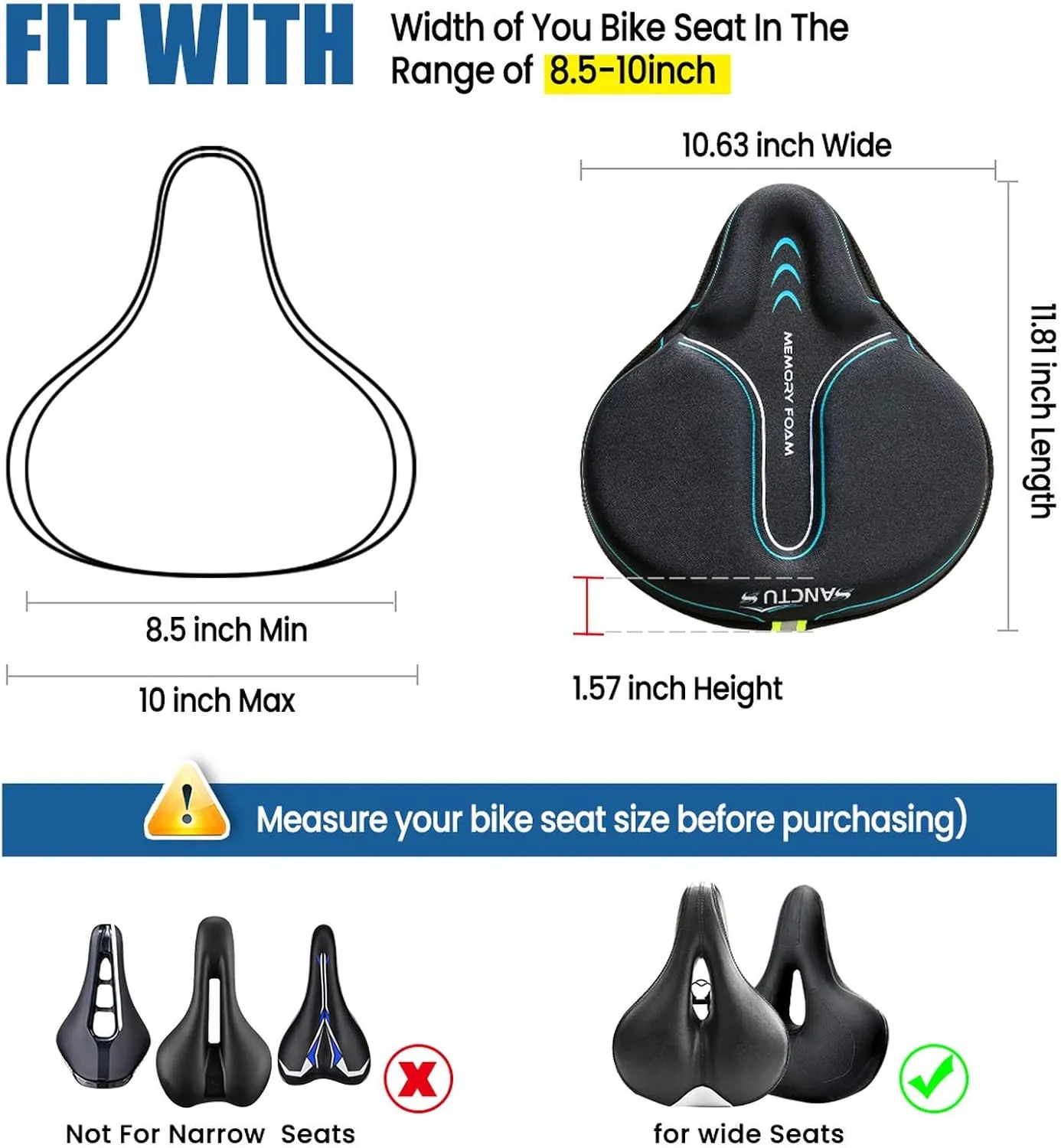 Sanctus Bike Seat Cushion Cover Memory Foam, Large Wide Bicycle Saddle Soft for Men Women, Comfort Exercise Cycle Seats Cover Padded Fits Stationary Bikes, Cruiser, Spin, with Waterproof Cover Blue