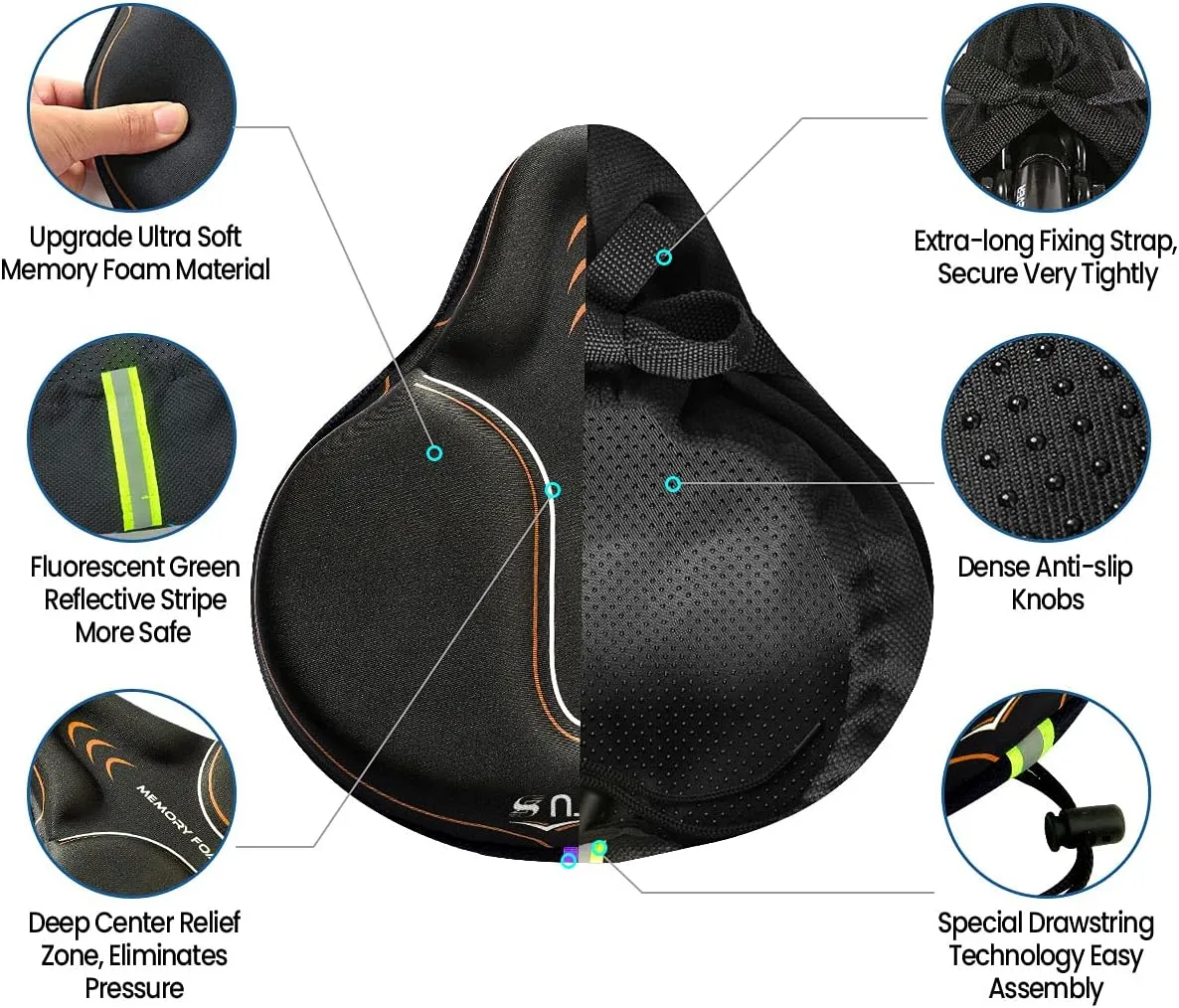 Sanctus Bike Seat Cushion Cover Memory Foam, Large Wide Bicycle Saddle Soft for Men Women, Comfort Exercise Cycle Seats Cover Padded Fits Stationary Bikes, Cruiser, Spin, with Waterproof Cover Orange
