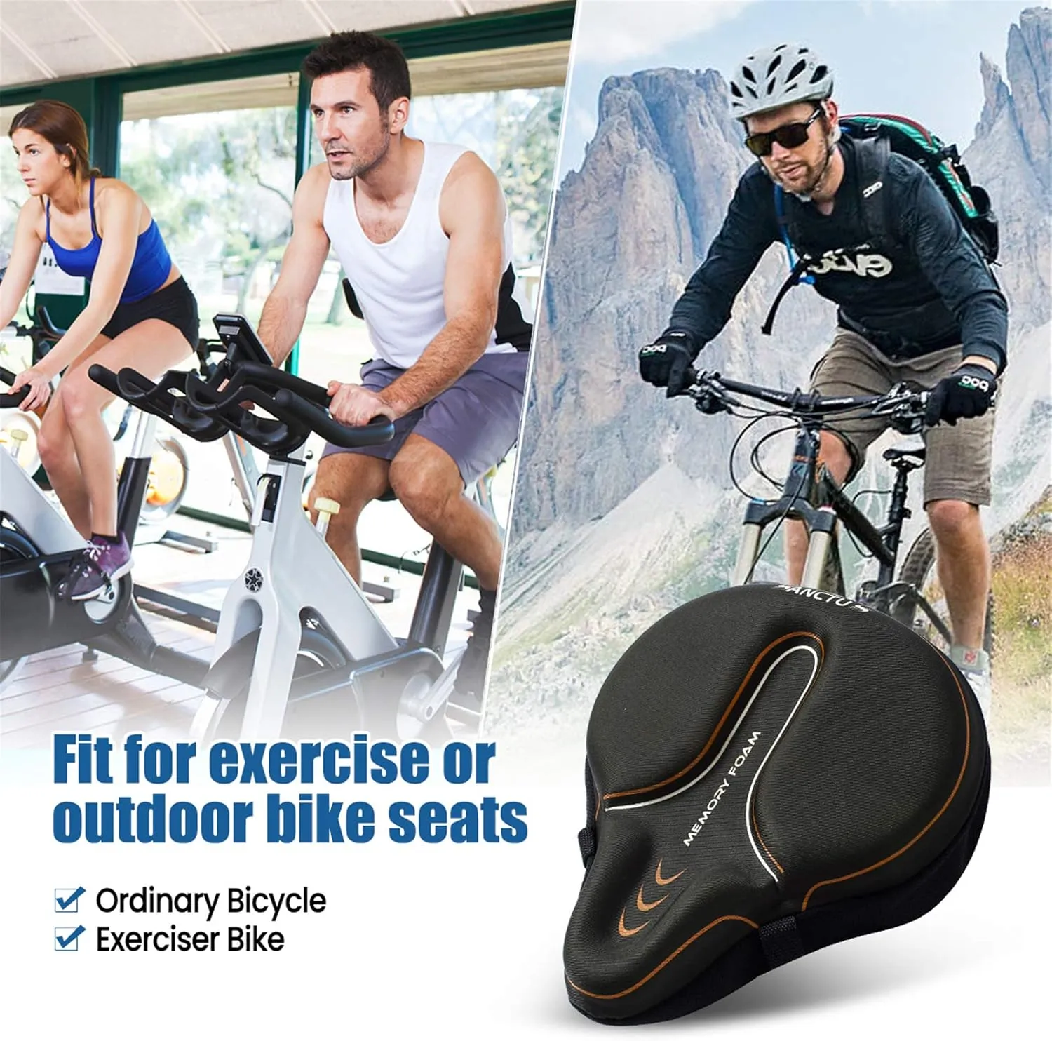 Sanctus Bike Seat Cushion Cover Memory Foam, Large Wide Bicycle Saddle Soft for Men Women, Comfort Exercise Cycle Seats Cover Padded Fits Stationary Bikes, Cruiser, Spin, with Waterproof Cover Orange