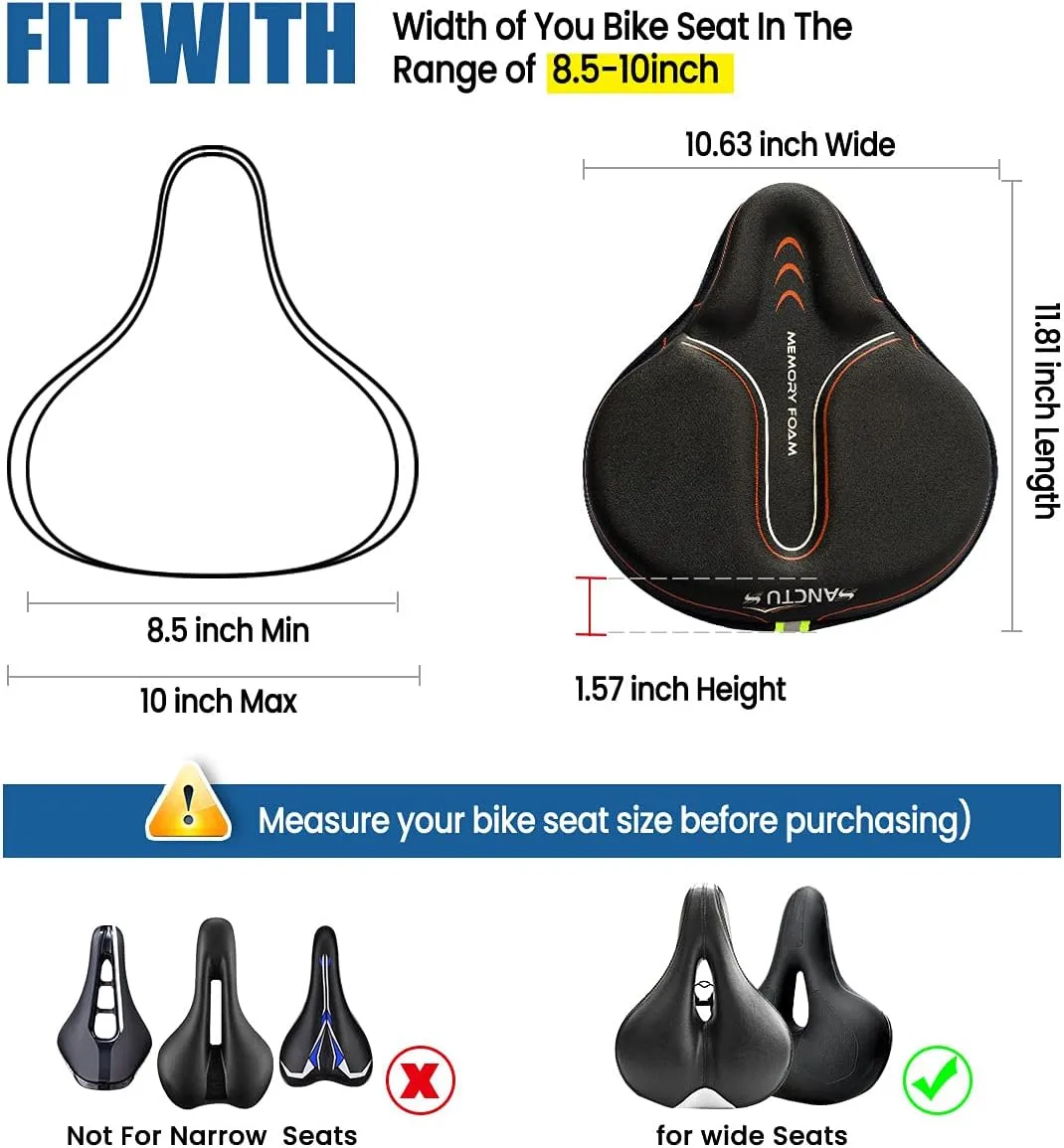 Sanctus Bike Seat Cushion Cover Memory Foam, Large Wide Bicycle Saddle Soft for Men Women, Comfort Exercise Cycle Seats Cover Padded Fits Stationary Bikes, Cruiser, Spin, with Waterproof Cover Orange
