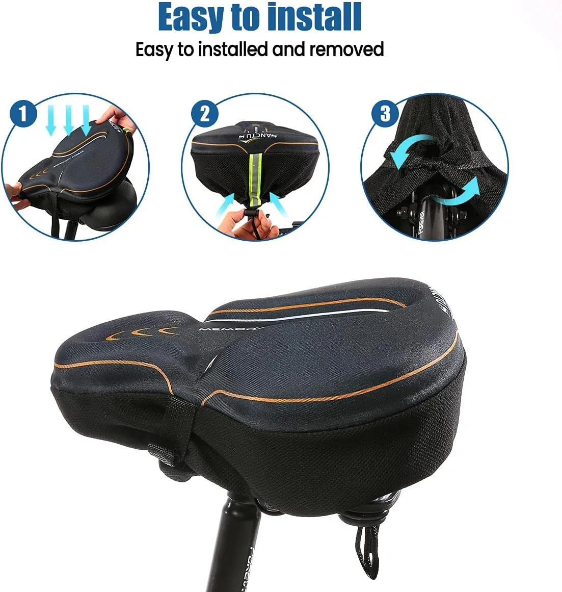 Sanctus Bike Seat Cushion Cover Memory Foam, Large Wide Bicycle Saddle Soft for Men Women, Comfort Exercise Cycle Seats Cover Padded Fits Stationary Bikes, Cruiser, Spin, with Waterproof Cover Orange