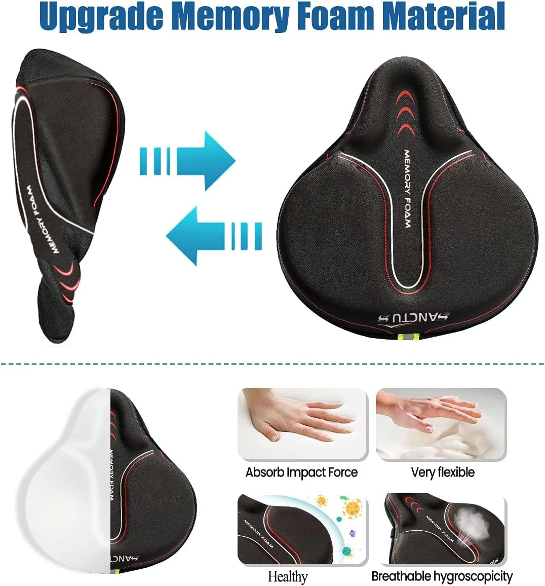 Sanctus Bike Seat Cushion Cover Memory Foam, Large Wide Bicycle Saddle Soft for Men Women, Comfort Exercise Cycle Seats Cover Padded Fits Stationary Bikes, Cruiser, Spin, with Waterproof Cover Red