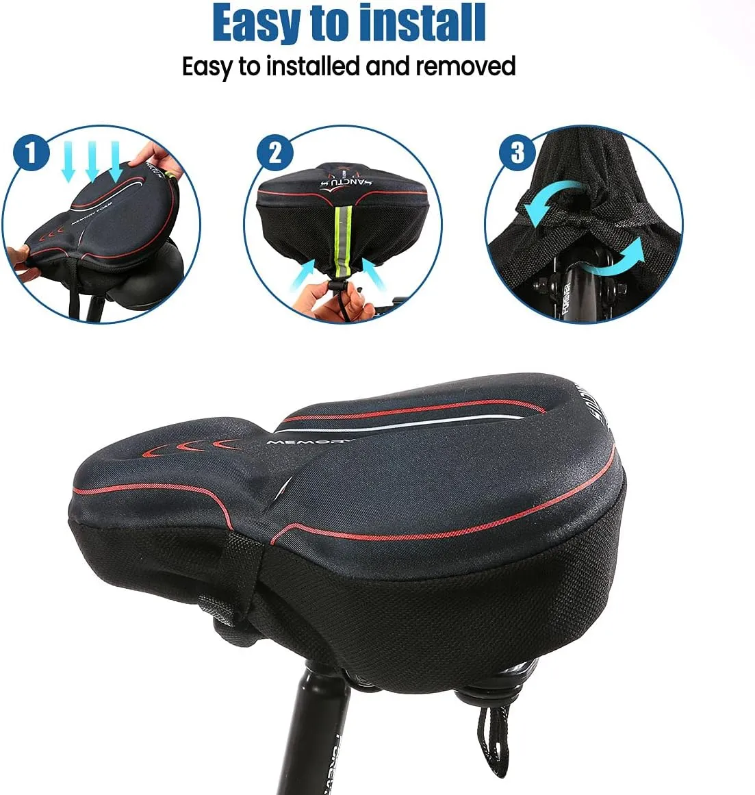 Sanctus Bike Seat Cushion Cover Memory Foam, Large Wide Bicycle Saddle Soft for Men Women, Comfort Exercise Cycle Seats Cover Padded Fits Stationary Bikes, Cruiser, Spin, with Waterproof Cover Red