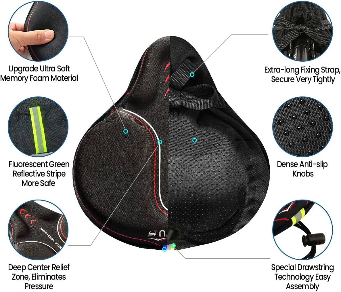 Sanctus Bike Seat Cushion Cover Memory Foam, Large Wide Bicycle Saddle Soft for Men Women, Comfort Exercise Cycle Seats Cover Padded Fits Stationary Bikes, Cruiser, Spin, with Waterproof Cover Red