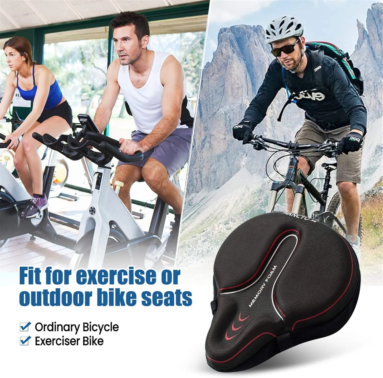 Sanctus Bike Seat Cushion Cover Memory Foam, Large Wide Bicycle Saddle Soft for Men Women, Comfort Exercise Cycle Seats Cover Padded Fits Stationary Bikes, Cruiser, Spin, with Waterproof Cover Red