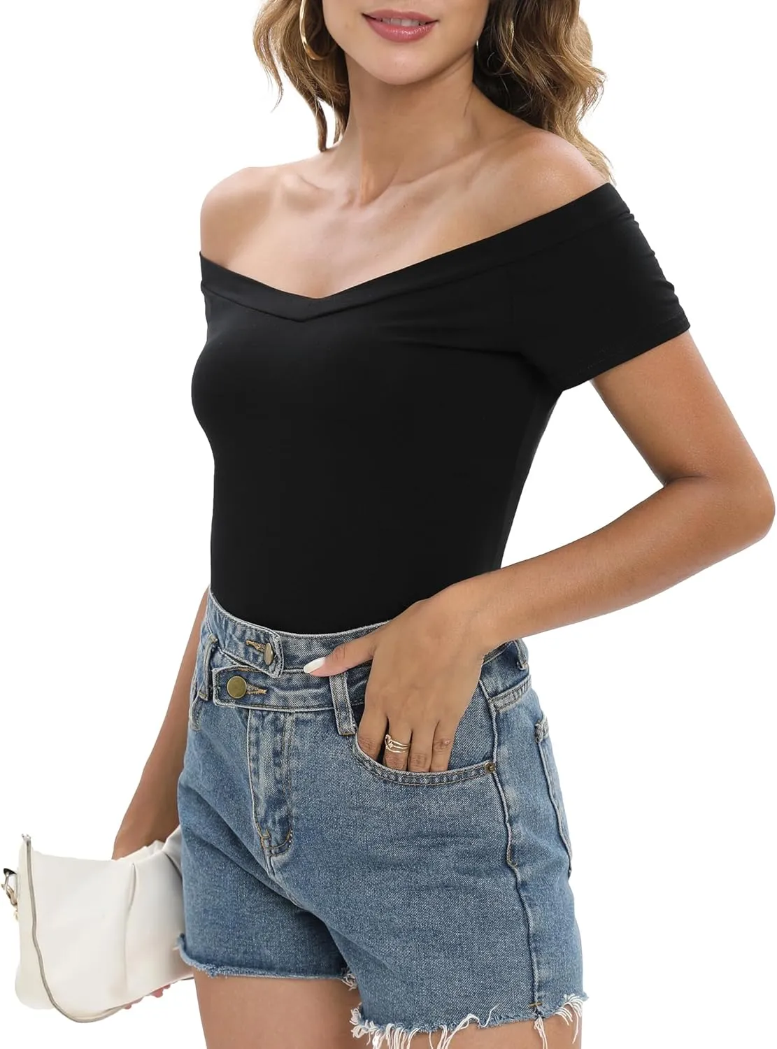 Sarin Mathews Womens Shirts Off The Shoulder Tops Sexy V Neck Slim Fit Shirts Tops Blouses