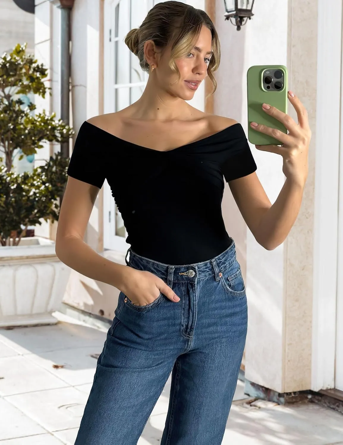 Sarin Mathews Womens Shirts Off The Shoulder Tops Sexy V Neck Slim Fit Shirts Tops Blouses