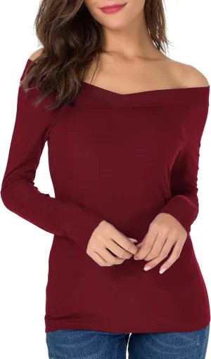 Sarin Mathews Womens Shirts Off The Shoulder Tops Sexy V Neck Slim Fit Shirts Tops Blouses