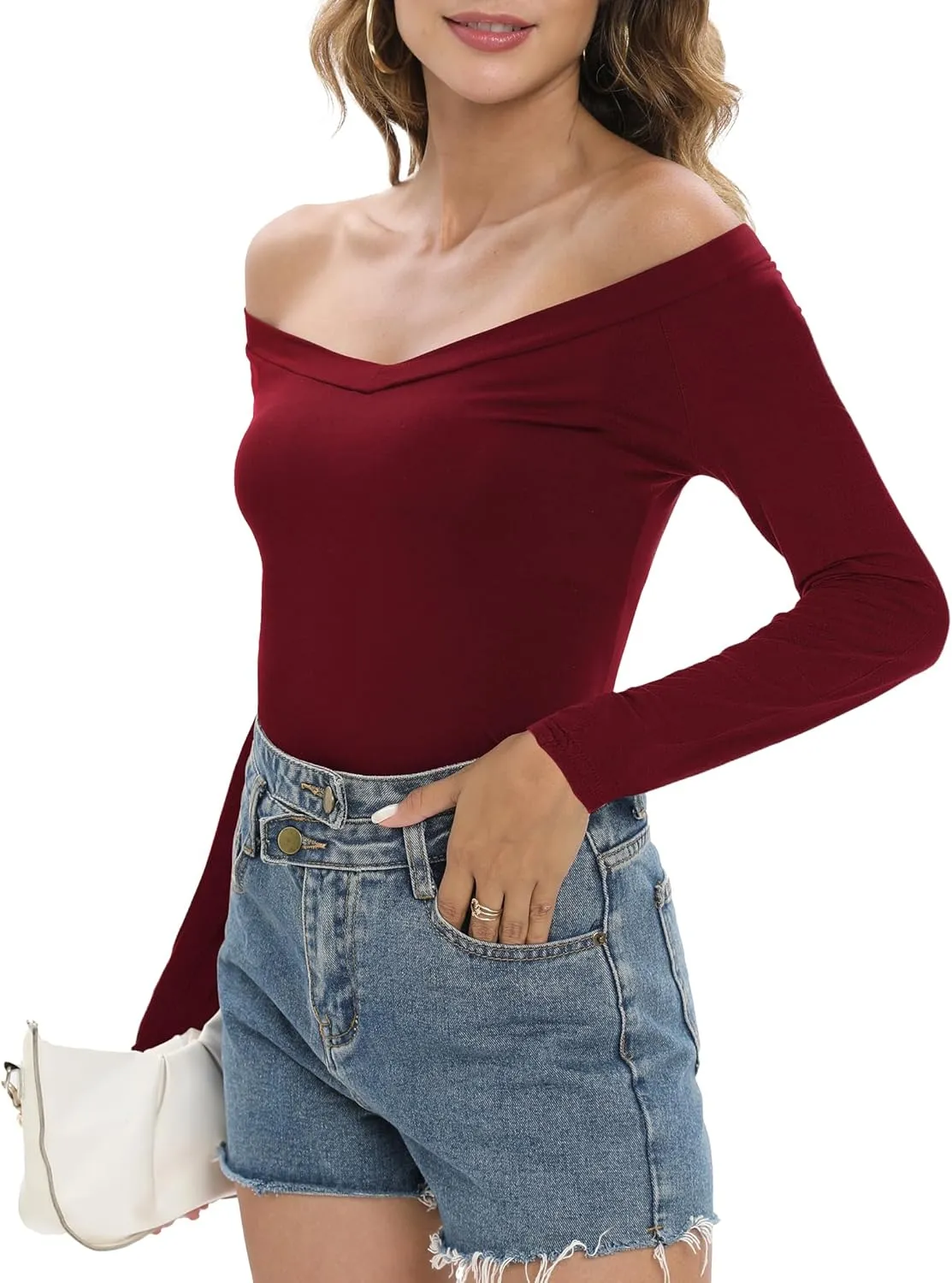 Sarin Mathews Womens Shirts Off The Shoulder Tops Sexy V Neck Slim Fit Shirts Tops Blouses
