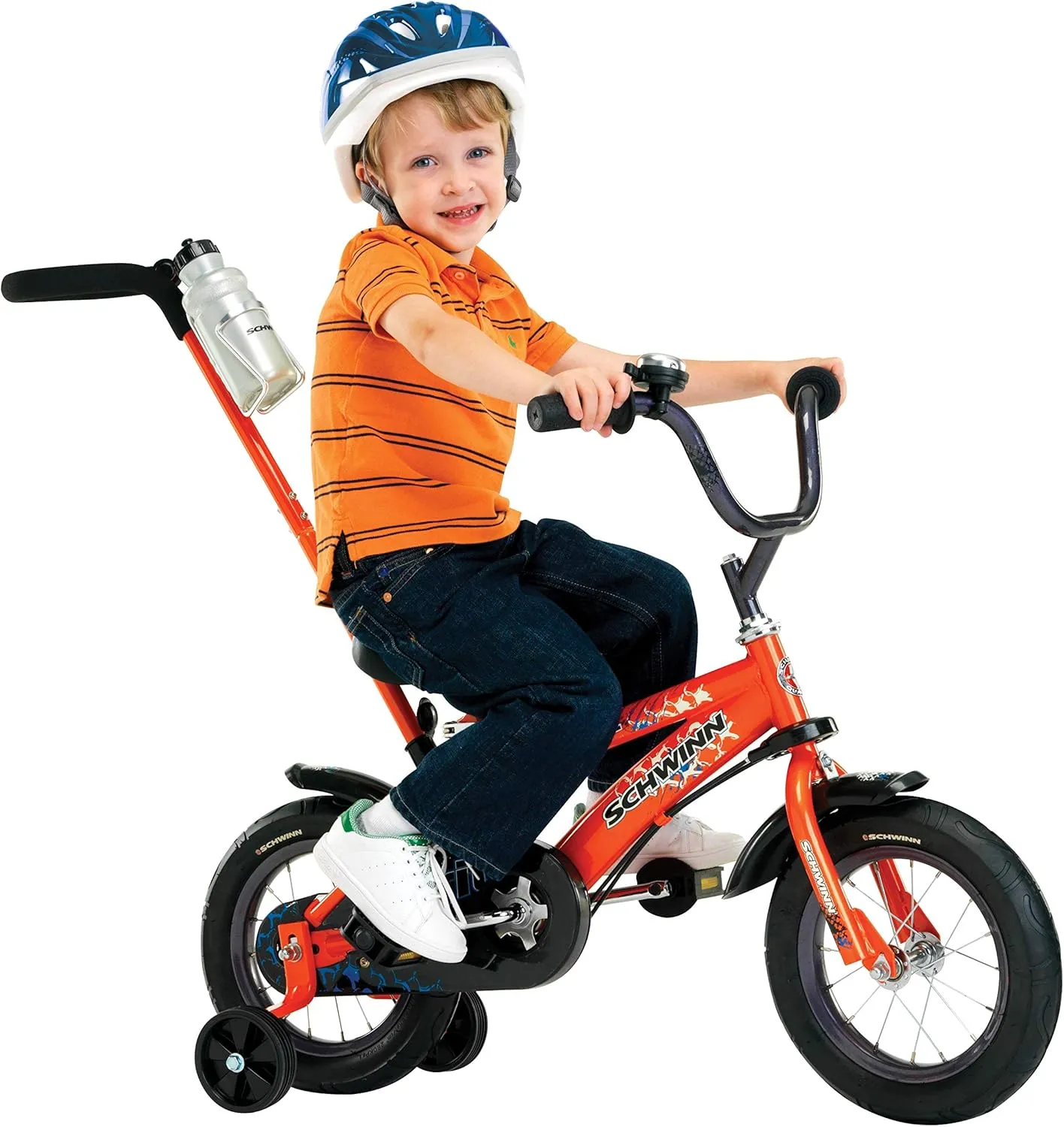 Schwinn Grit and Petunia Push Steer and Ride Kids Bike, For Boys & Girls Ages 2-4 Year Old, Rider Height 28-38 Inch, 12-Inch Wheels, Training Wheels, Detachable Push Handle with Water Bottle & Holder