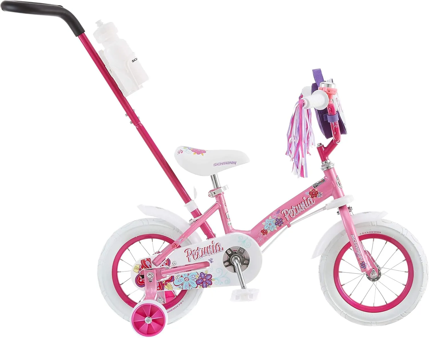 Schwinn Grit and Petunia Push Steer and Ride Kids Bike, For Boys & Girls Ages 2-4 Year Old, Rider Height 28-38 Inch, 12-Inch Wheels, Training Wheels, Detachable Push Handle with Water Bottle & Holder