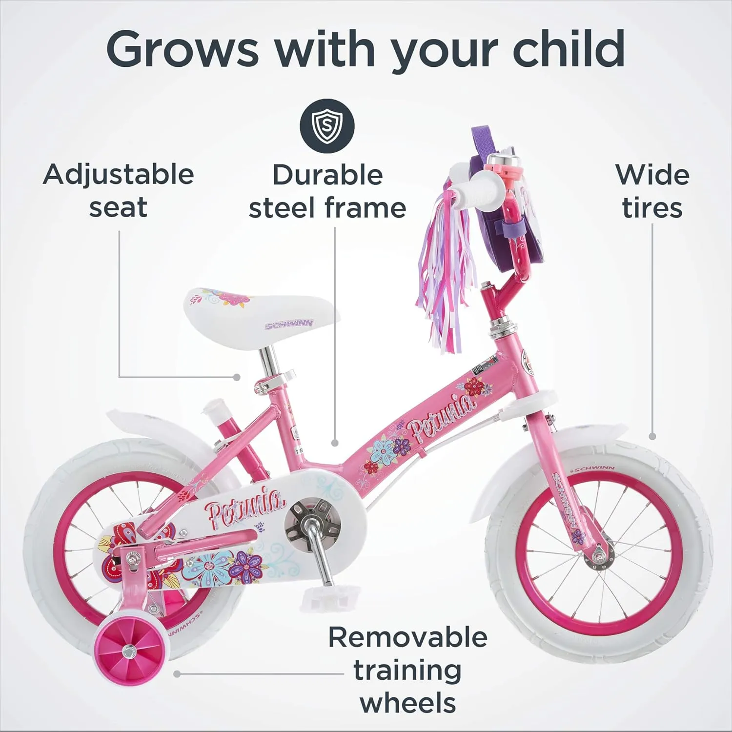 Schwinn Grit and Petunia Push Steer and Ride Kids Bike, For Boys & Girls Ages 2-4 Year Old, Rider Height 28-38 Inch, 12-Inch Wheels, Training Wheels, Detachable Push Handle with Water Bottle & Holder
