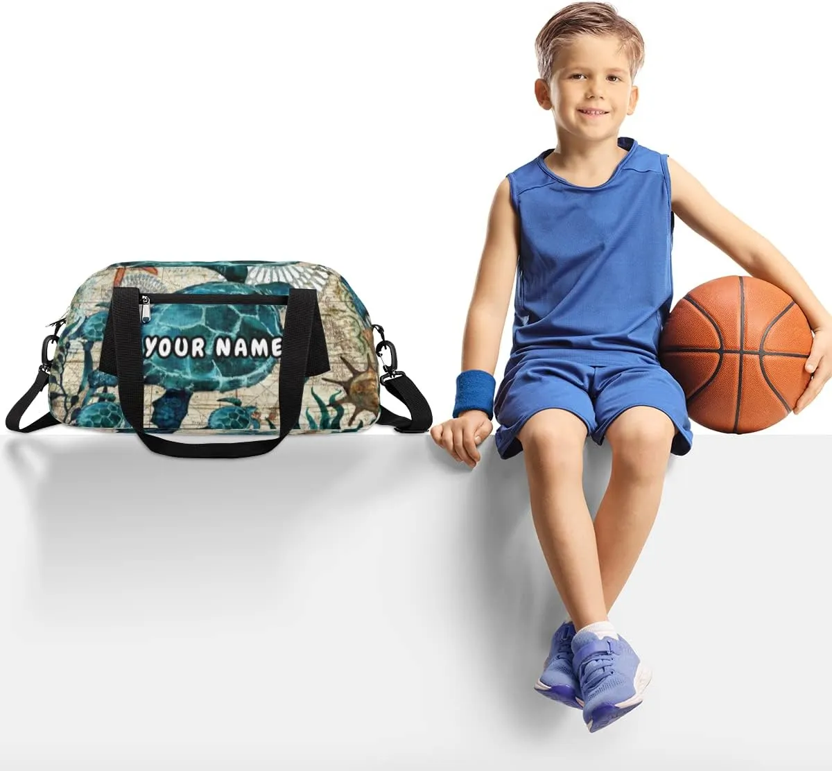 Sea Turtles Personalized Kids Duffel Bag for Girls Boys, Sea Turtles Debris Custom Name Dance Bag Overnight Small Duffel Bag Carry On Weekend Sports Travel Bag for School Practice Gymnastics Ballet