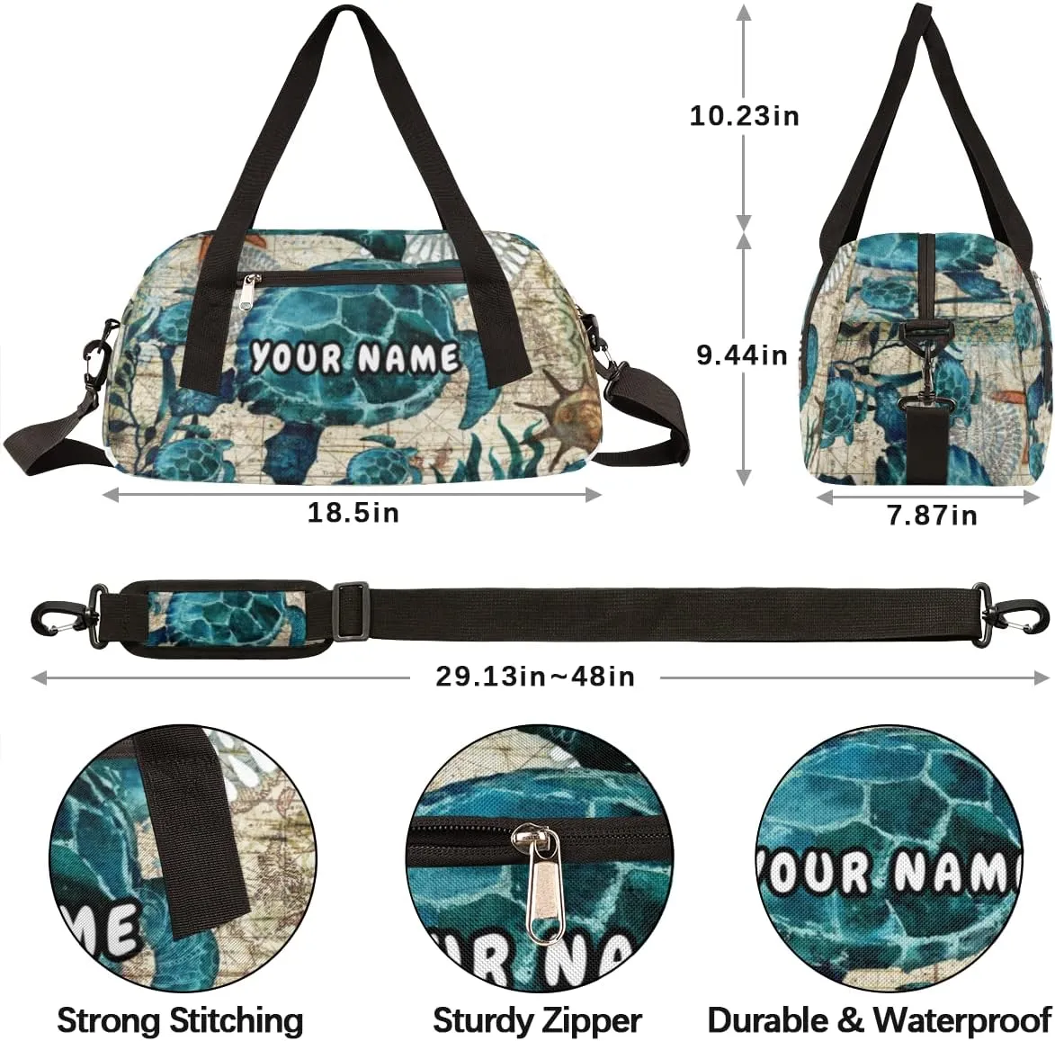 Sea Turtles Personalized Kids Duffel Bag for Girls Boys, Sea Turtles Debris Custom Name Dance Bag Overnight Small Duffel Bag Carry On Weekend Sports Travel Bag for School Practice Gymnastics Ballet