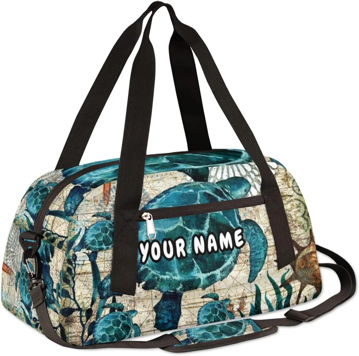 Sea Turtles Personalized Kids Duffel Bag for Girls Boys, Sea Turtles Debris Custom Name Dance Bag Overnight Small Duffel Bag Carry On Weekend Sports Travel Bag for School Practice Gymnastics Ballet