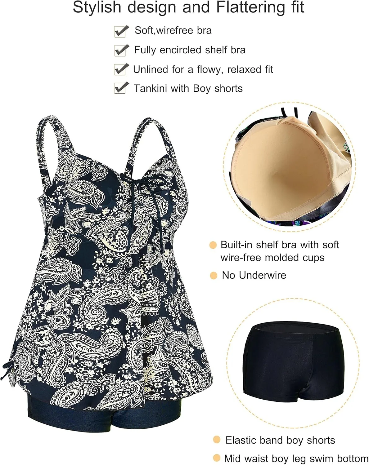 Septangle Women Plus Size Bathing Suits Paisley Print Two Piece Swimsuit Tankini Swimwear