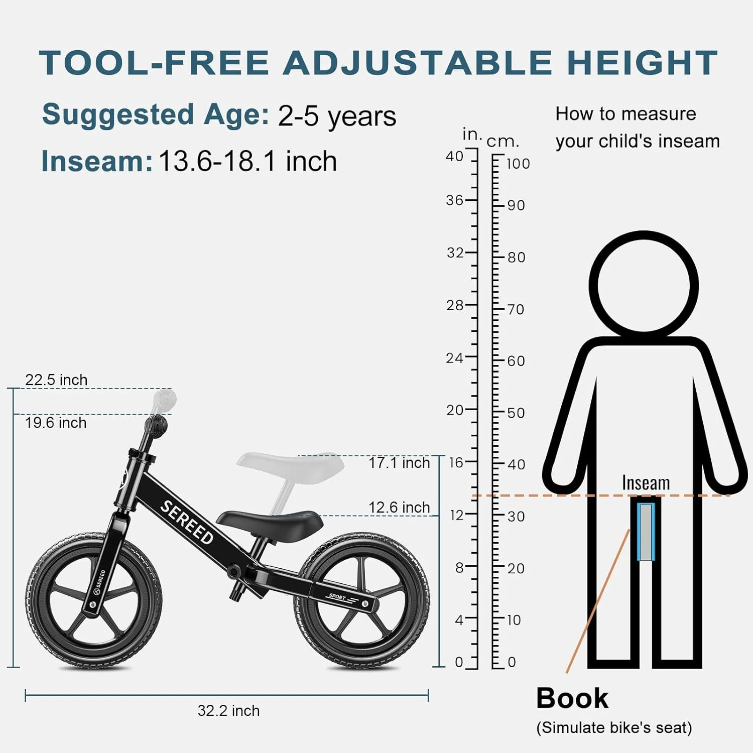 SEREED 12 Inch Toddler Balance Bike, No Pedal Bicycle for Kids 24 Months to 5 Years Old, Customize Plate (3 Sets of Stickers Included), Tool-Free Adjustments, Gift for Boys Girls 2-5 (Black)