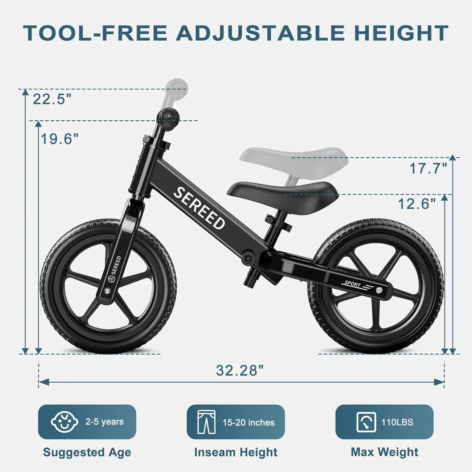 SEREED 12 Inch Toddler Balance Bike, No Pedal Bicycle for Kids 24 Months to 5 Years Old, Customize Plate (3 Sets of Stickers Included), Tool-Free Adjustments, Gift for Boys Girls 2-5 (Black)
