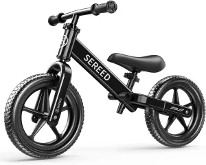 SEREED 12 Inch Toddler Balance Bike, No Pedal Bicycle for Kids 24 Months to 5 Years Old, Customize Plate (3 Sets of Stickers Included), Tool-Free Adjustments, Gift for Boys Girls 2-5 (Black)