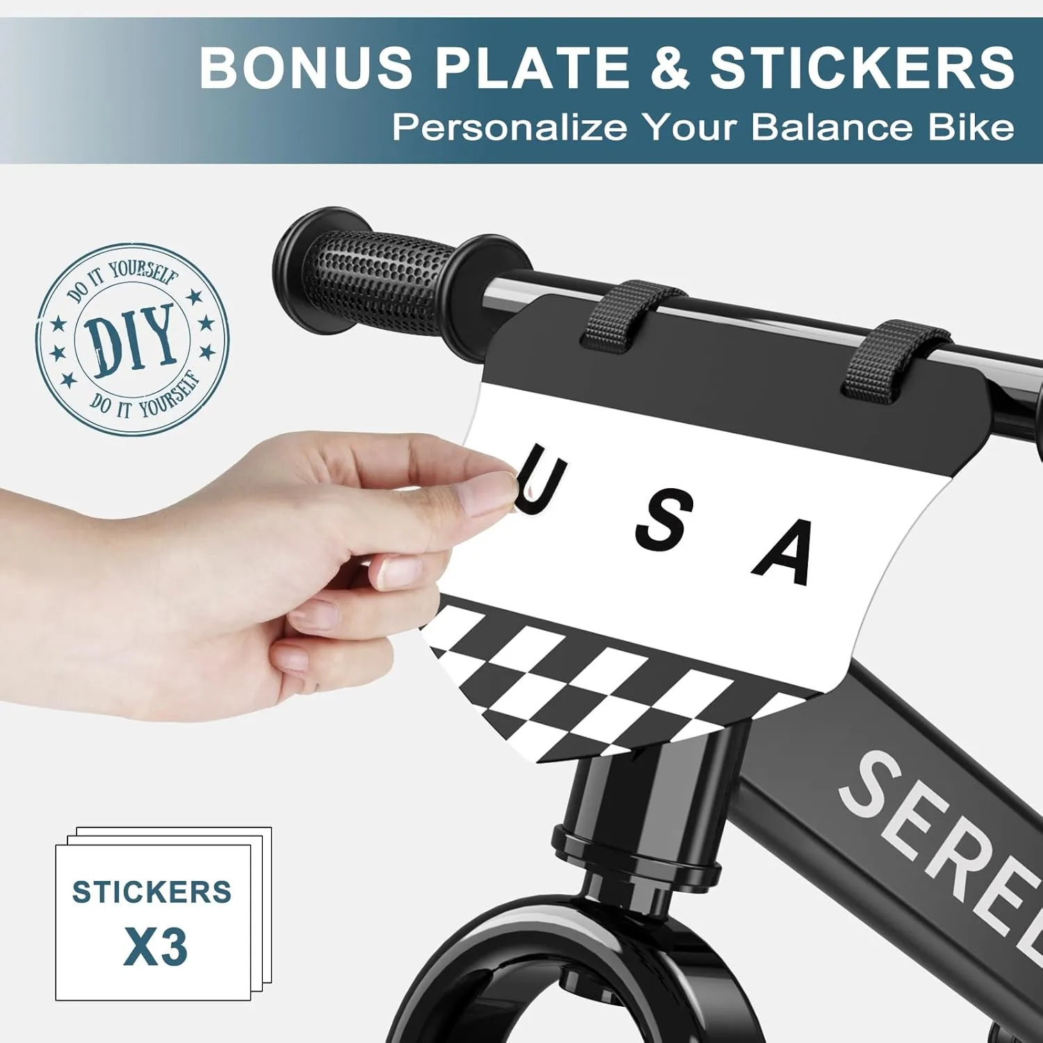 SEREED 12 Inch Toddler Balance Bike, No Pedal Bicycle for Kids 24 Months to 5 Years Old, Customize Plate (3 Sets of Stickers Included), Tool-Free Adjustments, Gift for Boys Girls 2-5 (Black)