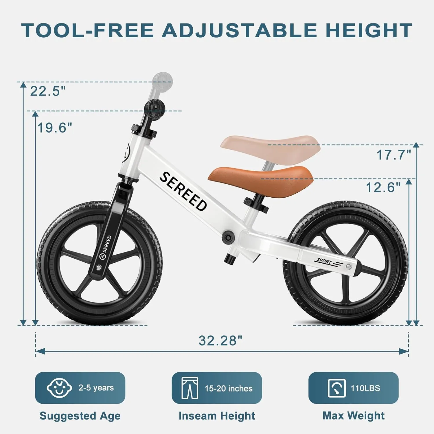SEREED Toddler Balance Bike 2 Year Old, 12 Inch No Pedal Kids Toy Bike for 2-5 Years Old, Tool-Free Adjustment, Gift for 2-3 Boys Girls, Customize Plate with 3pcs Stickers (White)