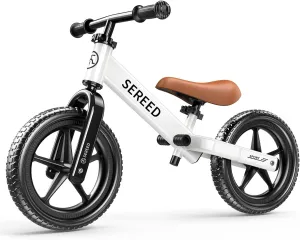 SEREED Toddler Balance Bike 2 Year Old, 12 Inch No Pedal Kids Toy Bike for 2-5 Years Old, Tool-Free Adjustment, Gift for 2-3 Boys Girls, Customize Plate with 3pcs Stickers (White)