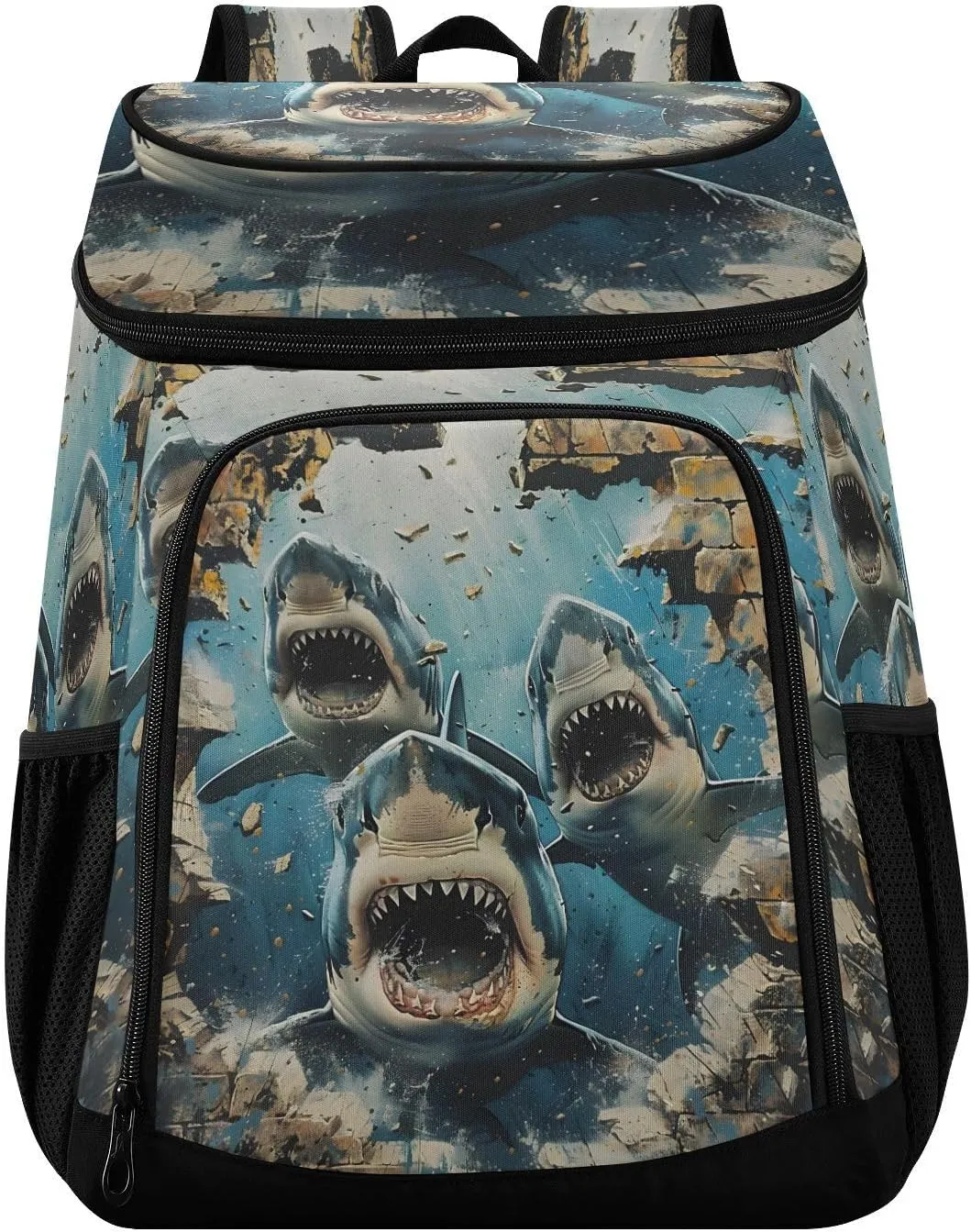 Sharks Break Through Walls Cooler Backpack Insulated Waterproof Leak Proof Beach Cooler Bag Lightweight Lunch Picnic Camping Backpack Cooler for Men and Women
