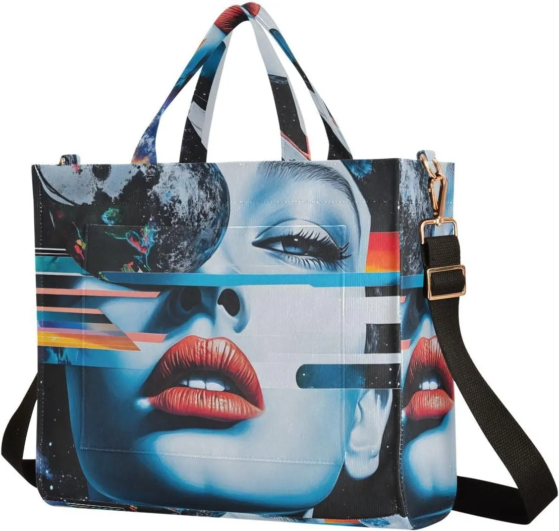 Shoulder Handbags for Women Abstract Woman Planet Print, Corduroy Tote Bag Large Capacity Small Size