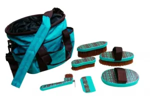 Showman Grooming Tote Bag Kit with Shoulder Strap and Six Outer Pockets Navajo Print (Brown/Teal)