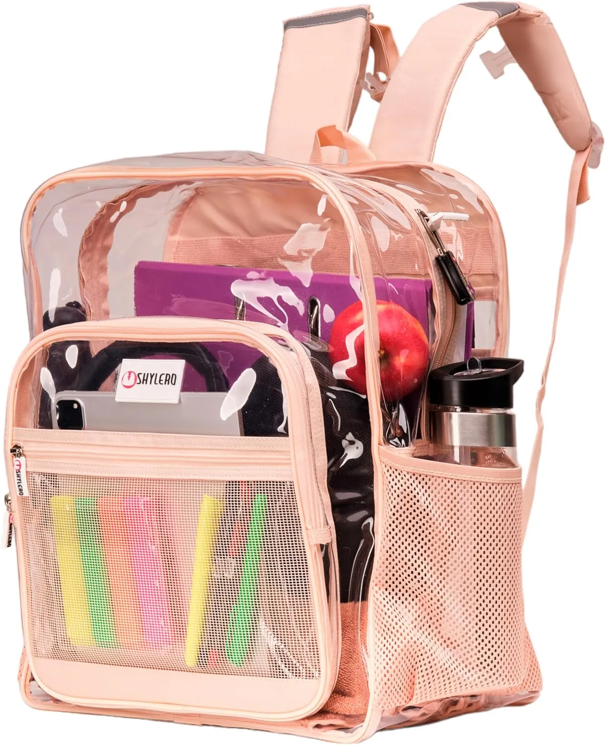 SHYLERO Clear Backpack Heavy Duty has TSA Lock, 2-WAY Zipper. PVC Transparent Backpack Is Extra Large - H18''xW14''xD8 - Beige