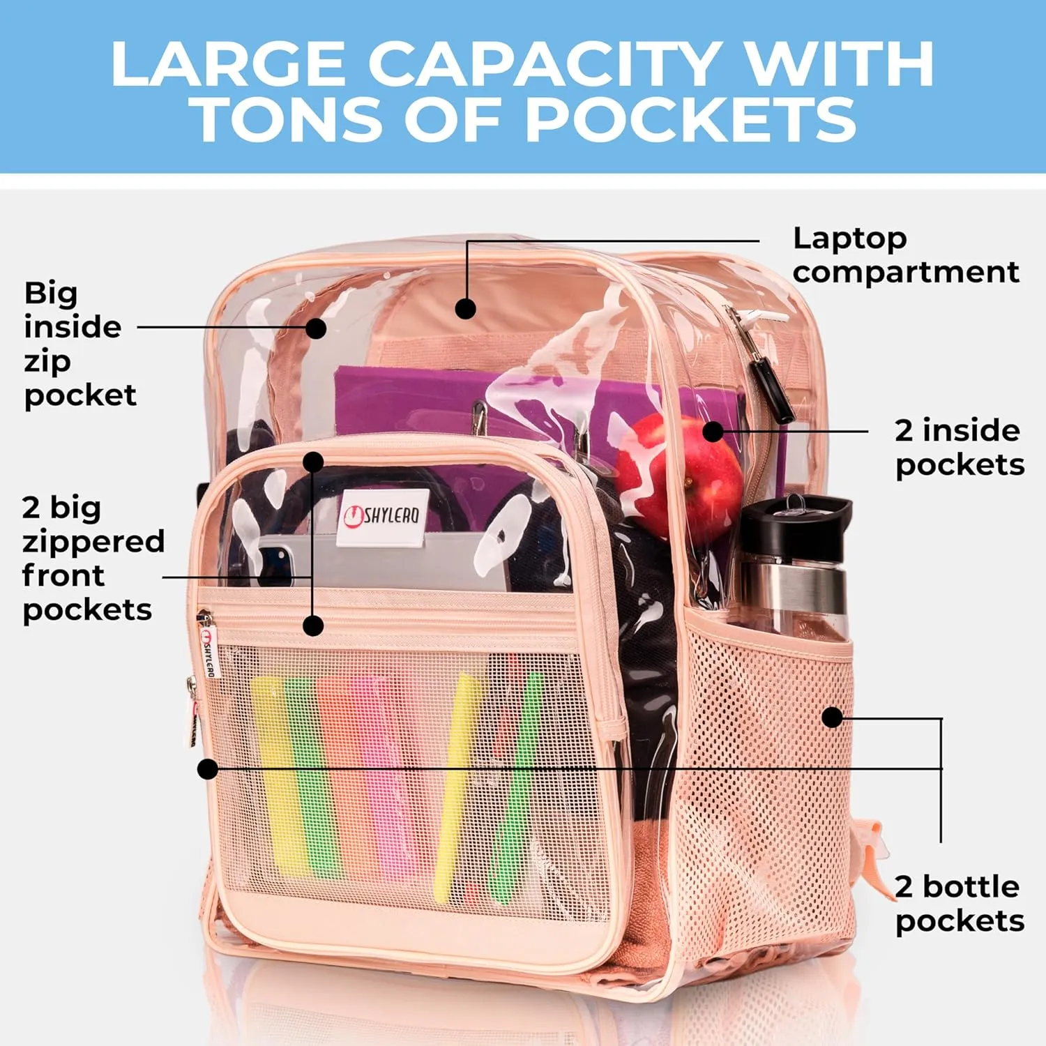 SHYLERO Clear Backpack Heavy Duty has TSA Lock, 2-WAY Zipper. PVC Transparent Backpack Is Extra Large - H18''xW14''xD8 - Beige