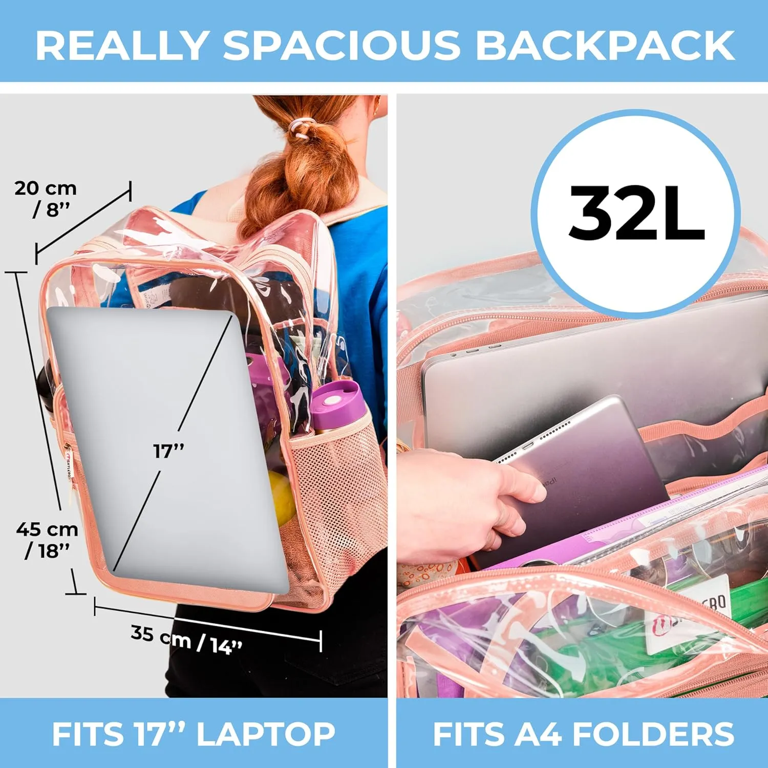 SHYLERO Clear Backpack Heavy Duty has TSA Lock, 2-WAY Zipper. PVC Transparent Backpack Is Extra Large - H18''xW14''xD8 - Beige