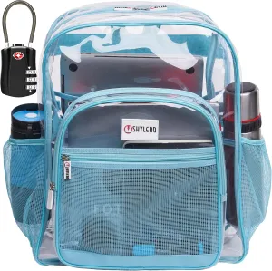 SHYLERO Clear Backpack Heavy Duty has TSA Lock, 2-WAY Zipper. PVC Transparent Backpack Is Extra Large - H18''xW14''xD8 - Turquoise