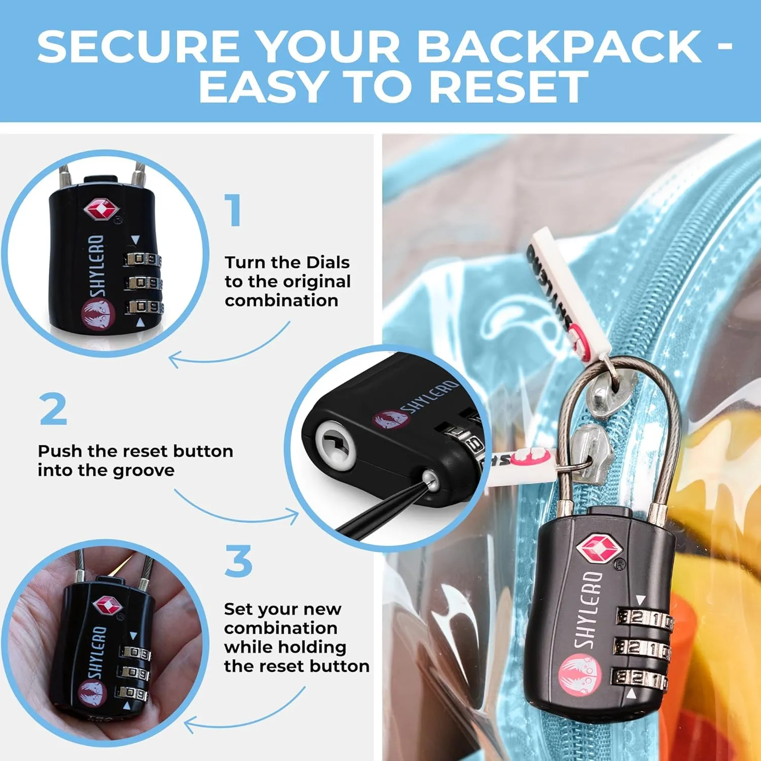 SHYLERO Clear Backpack Heavy Duty has TSA Lock, 2-WAY Zipper. PVC Transparent Backpack Is Extra Large - H18''xW14''xD8 - Turquoise