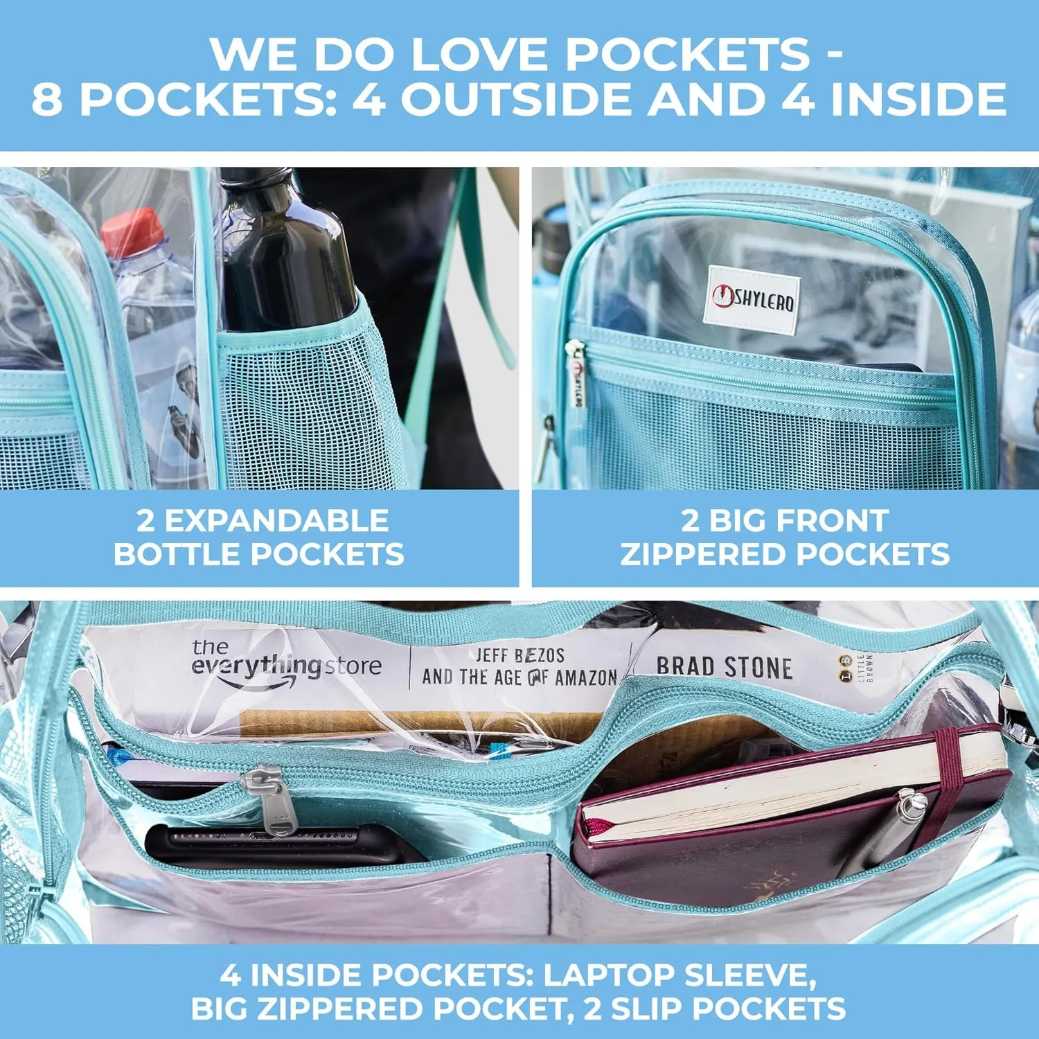 SHYLERO Clear Backpack Heavy Duty has TSA Lock, 2-WAY Zipper. PVC Transparent Backpack Is Extra Large - H18''xW14''xD8 - Turquoise