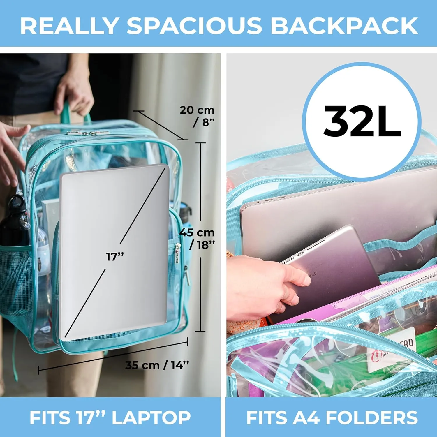 SHYLERO Clear Backpack Heavy Duty has TSA Lock, 2-WAY Zipper. PVC Transparent Backpack Is Extra Large - H18''xW14''xD8 - Turquoise
