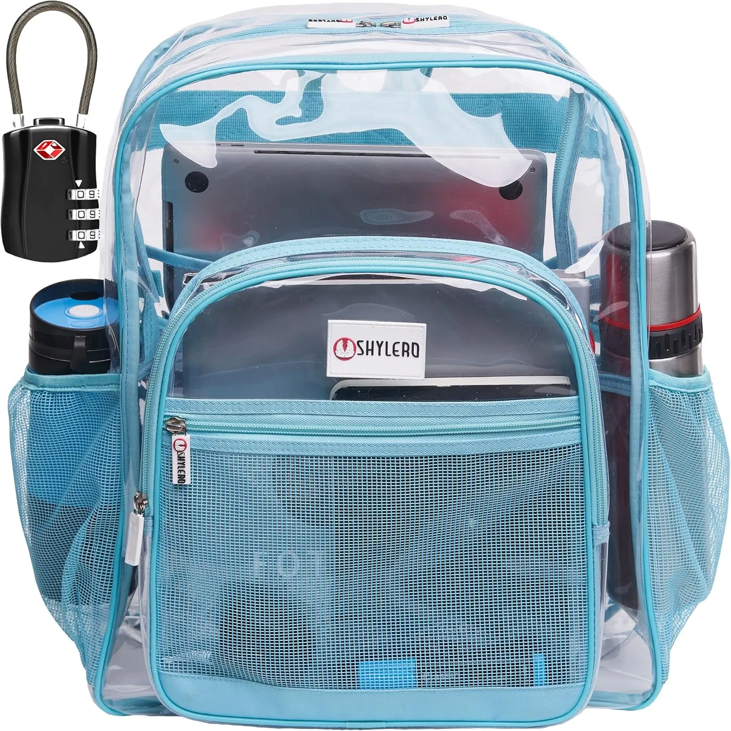 SHYLERO Clear Backpack Heavy Duty has TSA Lock, 2-WAY Zipper. PVC Transparent Backpack Is Extra Large - H18''xW14''xD8 - Turquoise